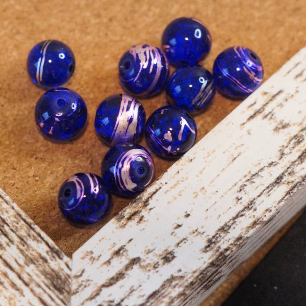 Cobalt Blue Crackle Glass Round Beads with Iridescent Silver Swirl, 10mm