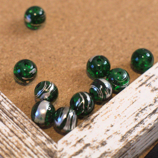 Forest Green Crackle Glass Round Beads with Silver Swirl, 10mm