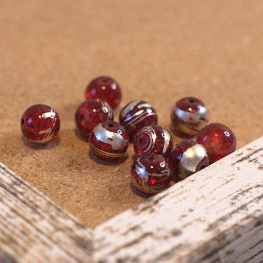 Dark Garnet Red Crackle Glass Round Beads with Silver Swirl, 10mm