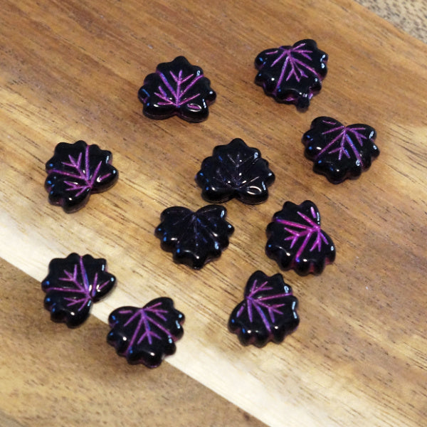 Witching Hour Leaves, Black Maple Leaf Beads with Purple Detail