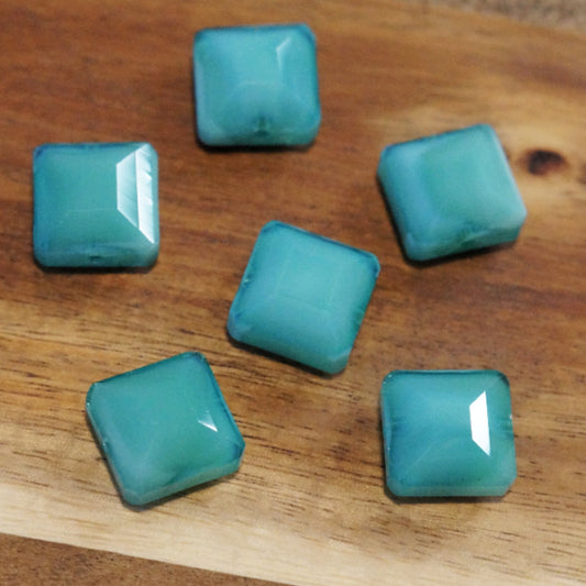 Premium Glass Turquoise Square Cut Beads, 14mm, Qty 6