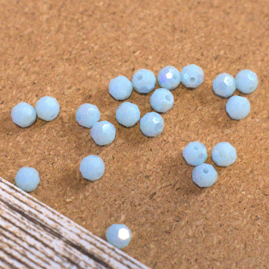 Milky Opal Faceted Glass Round Beads, Powder Blue AB, 6mm