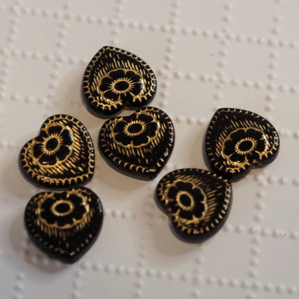 Large Black w/ Gold Floral Embossed Acrylic Heart Beads, 17mm