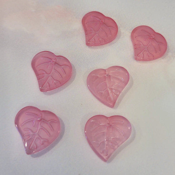 Six rose pink premium glass leaf heart beads