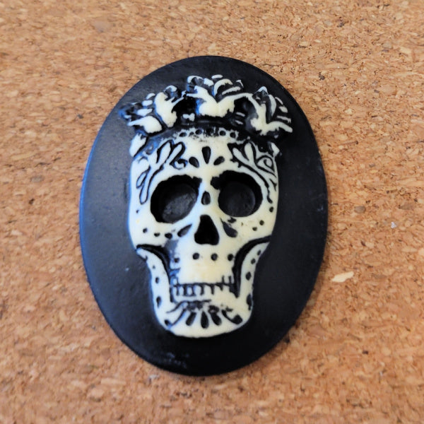 Gothic Sugar Skull Resin Cabochon – Black & Ivory, 37x28mm