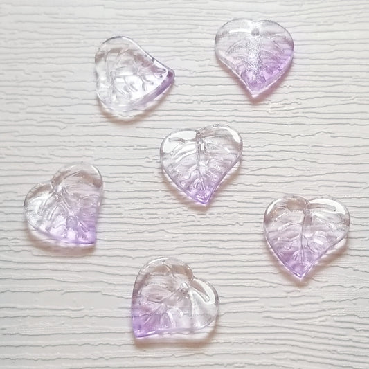 Six lavender ombré premium glass leaf heart beads