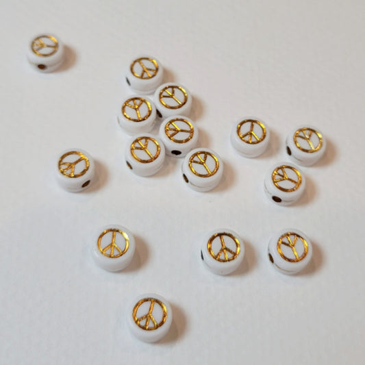 White w/Metallic Gold Peace Sign 6mm Round Disc Acrylic Beads