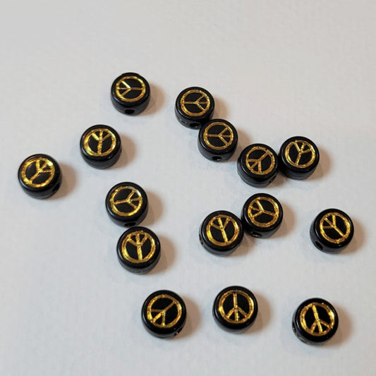 Black w/Metallic Gold Peace Sign 6mm Round Disc Acrylic Beads