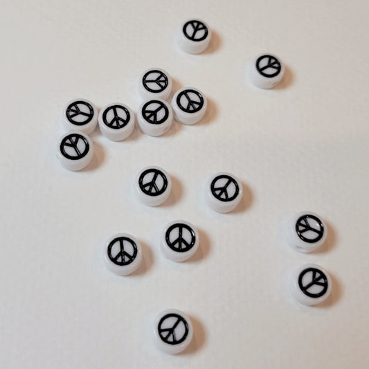 White w/Black Peace Sign 6mm Round Disc Acrylic Beads