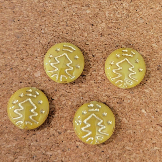 Four greasy yellow Czech glass disc beads with metallic gold Christmas tree designs.