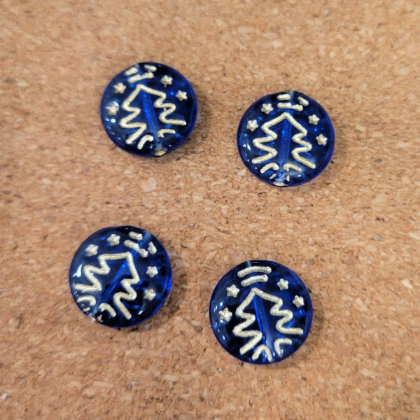 Transparent cobalt blue 14mm Czech glass Christmas tree coin beads, four pieces