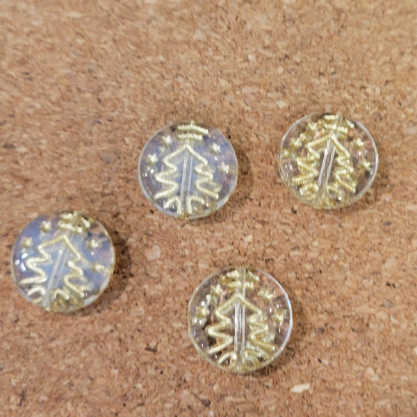 Four crystal Czech glass disc beads with metallic gold Christmas trees and occasional milky white blending.