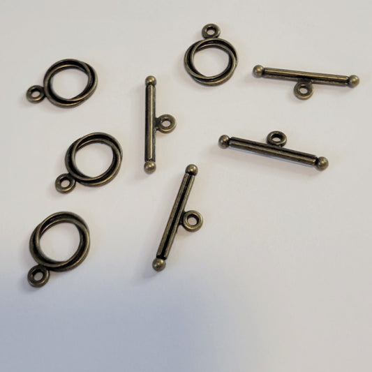 Small Antique Bronze Toggle Clasps – Double Round Ring & Bar, 4 Sets