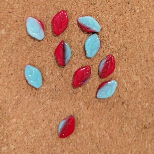 Czech Glass Leaf Beads – Ruby Red & Turquoise, 9x13mm