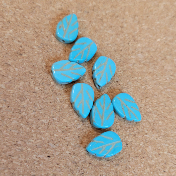 Carved Reconstituted Turquoise Leaf Beads – Aqua Blue, 9x14mm
