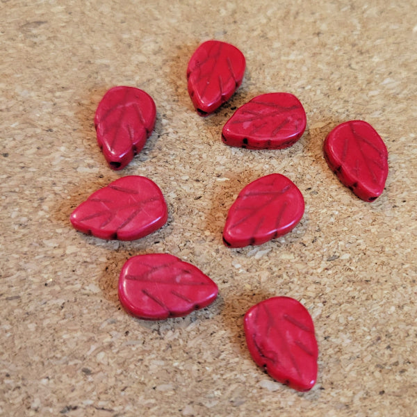 Carved Reconstituted Turquoise Leaf Beads – Red, 9x14mm