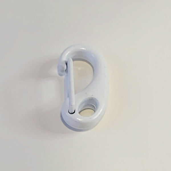 A small white metal carabiner clip with a glossy finish, photographed on a plain off-white background.