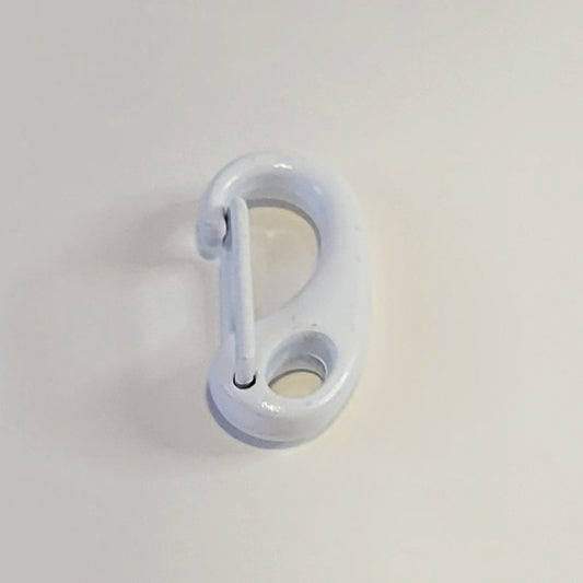 A small white metal carabiner clip with a glossy finish, photographed on a plain off-white background.