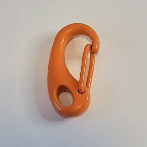 An orange metal carabiner clip with a keyring hole, shown on a plain off-white background.