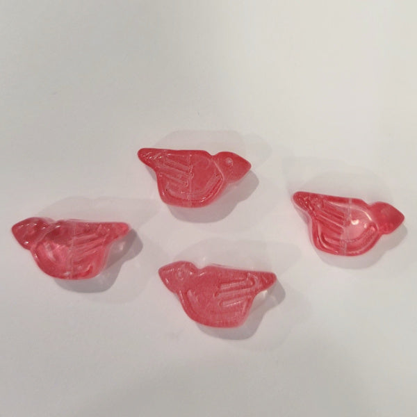 Four cherry quartz pink pressed glass bird beads