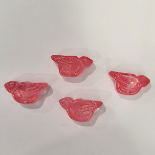 Four cherry quartz pink pressed glass bird beads