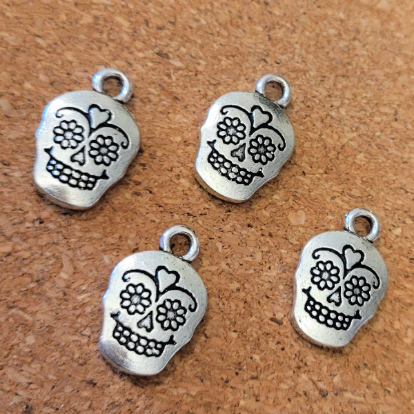 Double-Sided Sugar Skull Charms – Shiny Silver Tone, 18mm