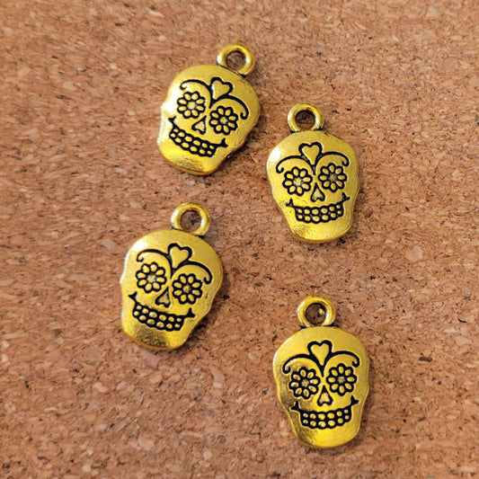 Double-Sided Sugar Skull Charms – Shiny Gold Tone, 18mm