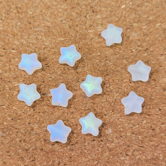 Czech Glass Star Beads, Milky Opal White Matte AB, 6mm