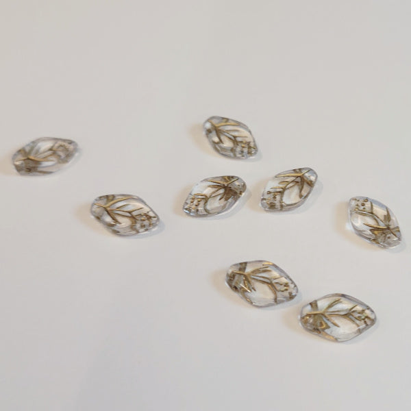 Czech Glass Leaf Beads – Clear with Gold Etch, 7x12mm