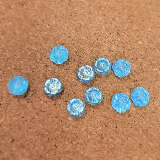 Aqua Blue AB Hibiscus Czech Glass Flower Beads – 9mm, 10 Pcs