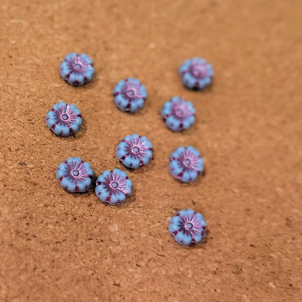Cornflower Blue Pink Wash Hibiscus Czech Glass Flower Beads – 9mm, 10 Pcs