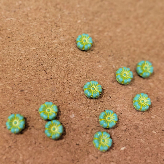 Turquoise Green Gold Wash Hibiscus Czech Glass Flower Beads – 9mm, 10 Pcs
