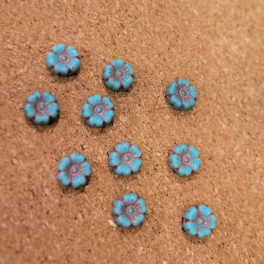 Turquoise Blue Pink Wash Hibiscus Czech Glass Flower Beads – 9mm, 10 Pcs