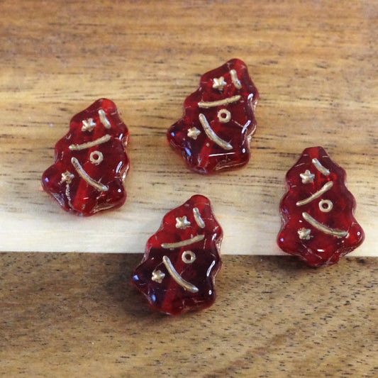 Czech Glass Christmas Tree Beads, Red with Gold Etch, 4 Pack