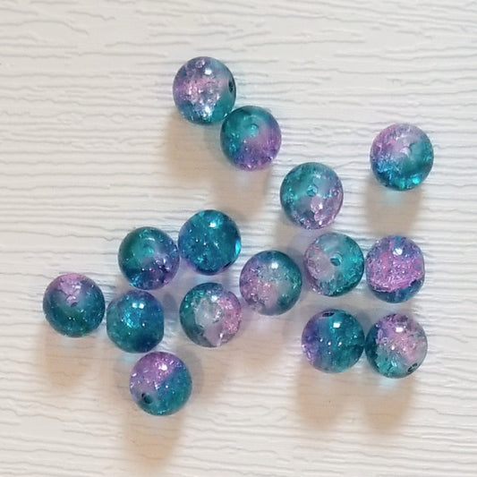 Teal & Lavender Two Tone 8mm Crackle Glass Round Beads