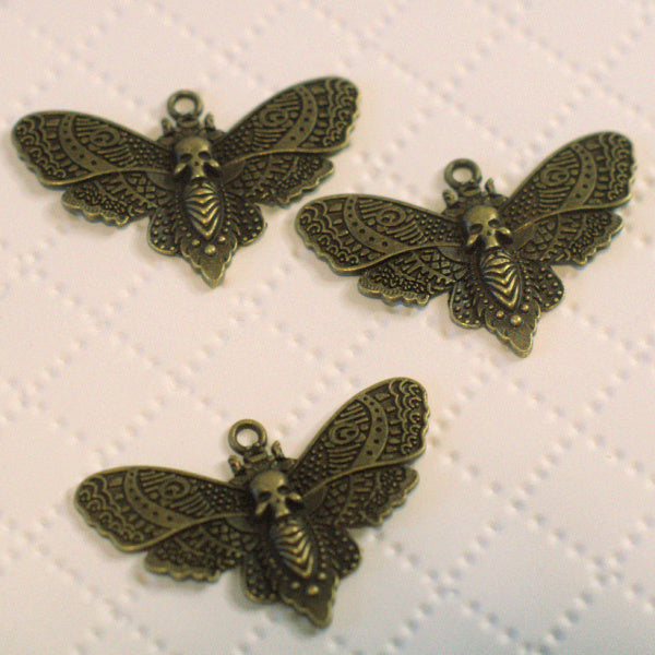 Antique Gold Moth Charms with Skull Detail