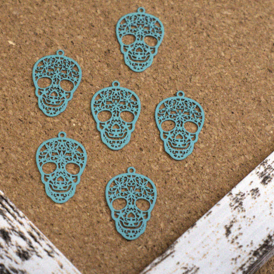 Aqua Laser-Cut Steel Sugar Skull Charms, 6 Pc