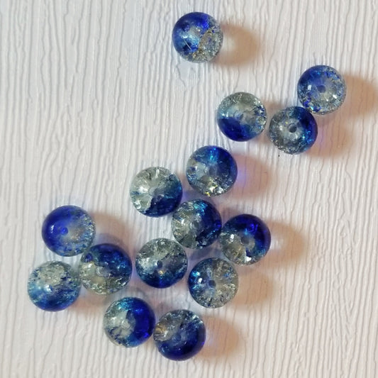 Dark Blue & Clear Two Tone 8mm Crackle Glass Round Beads