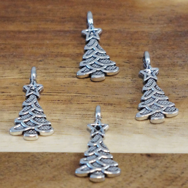 Whimsical Retro Christmas Tree Charms, Antique Silver, Set of 4
