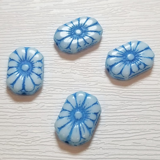 White w/ Turquoise Blue Detail Art Deco Daisy Czech Glass Flower Beads