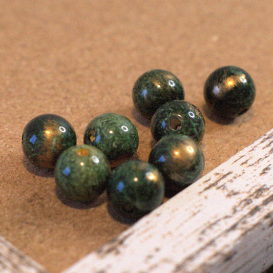 Vintage Lucite Round Beads, 14mm – Dark Green with Gold Mottling
