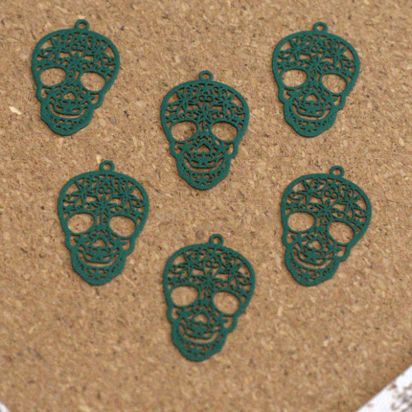 Teal Green Laser-Cut Steel Sugar Skull Charms, 6 Pc