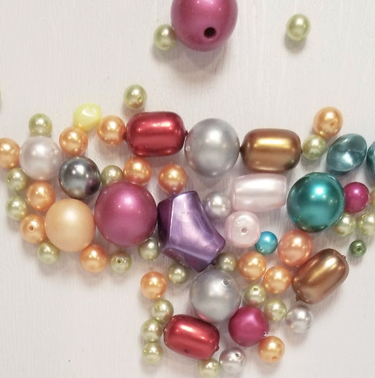 75 Mixed Vintage Colored Faux Pearl Beads, Assorted Shapes & Sizes