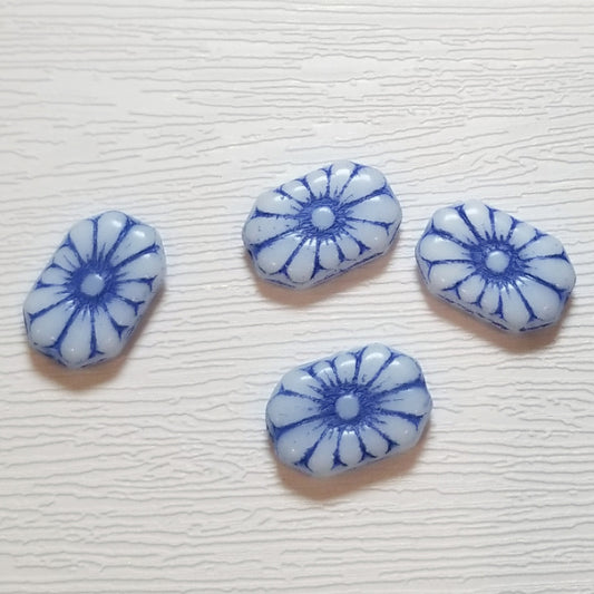 White w/ Navy Blue Detail Art Deco Daisy Czech Glass Flower Beads