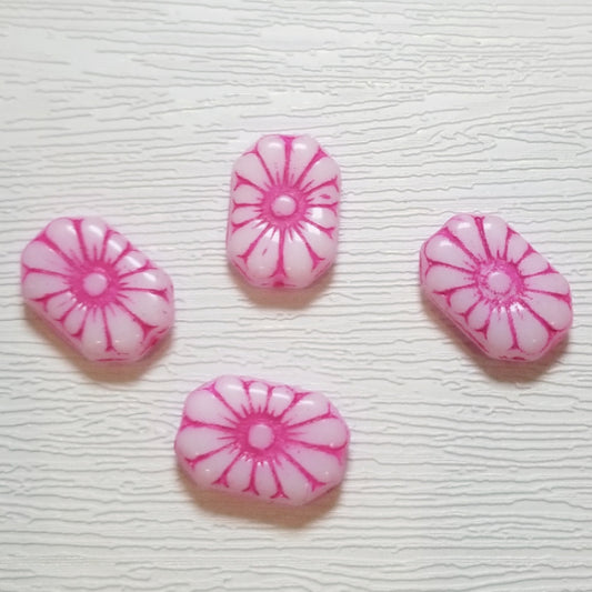 White w/ Pink Detail Art Deco Daisy Czech Glass Flower Beads