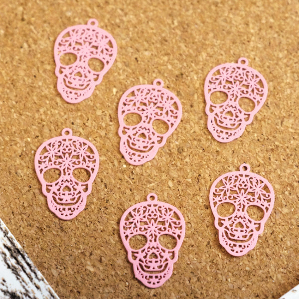 Pink Laser-Cut Steel Sugar Skull Charms, 6 Pack