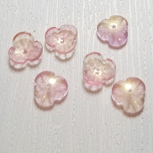 Pink & Yellow Premium Glass Flower Beads, 3-Petal, 16mm