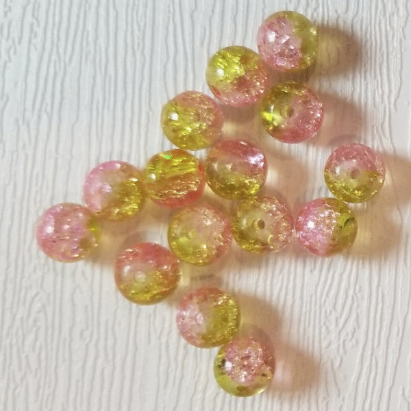 Pink Yellow Two Tone 8mm Crackle Glass Round Beads