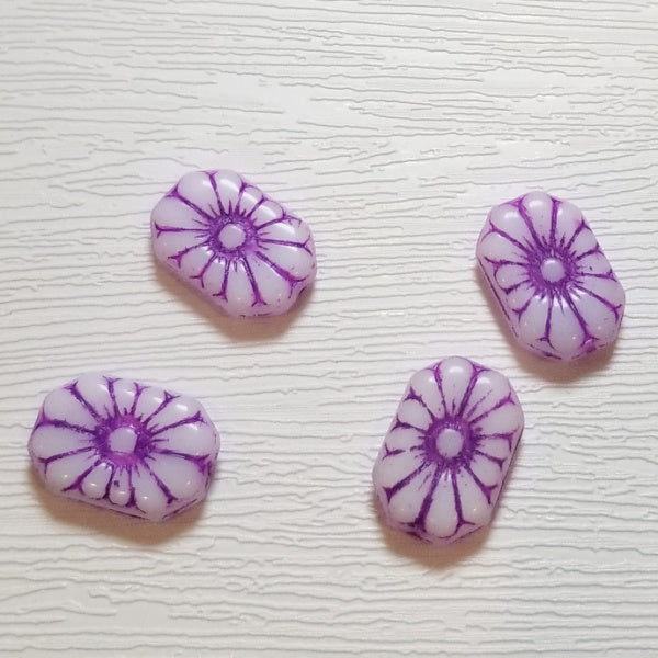 White w/ Purple Detail Art Deco Daisy Czech Glass Flower Beads