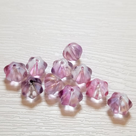 Pink Purple Clear Tri Tone Fluted Lantern Flower Glass Beads